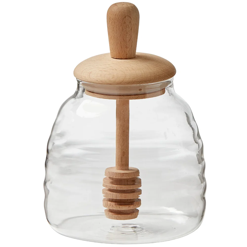 TAG Glass Honey Jar w/ Oak Dipper Set - 3.5" x 5.5"