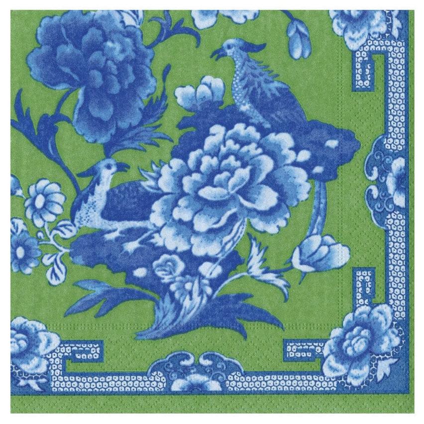 Caspari Blue/Green Birds & Flowers Paper Napkins - Image 3