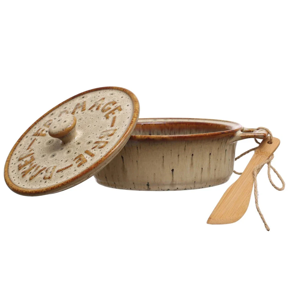 7" Stoneware Mini Brie Baker w/ Bamboo Spreader - Image 3